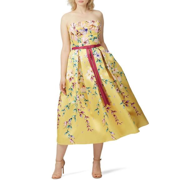 Marchesa Notte Yellow Strapless Floral Tea Dress Size 10